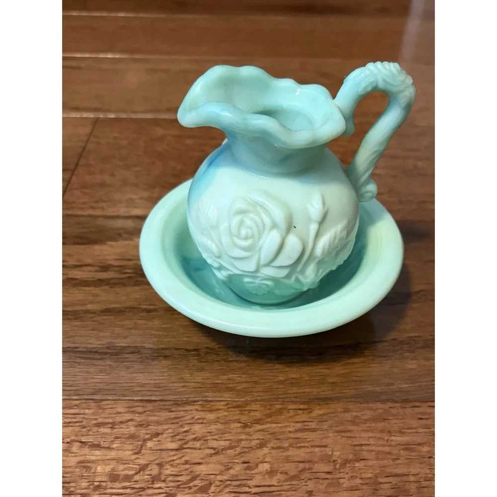 Vintage Avon Green/blue Victorian Slag Glass Rose Bath Oil‎ Pitcher & Basin Bowl